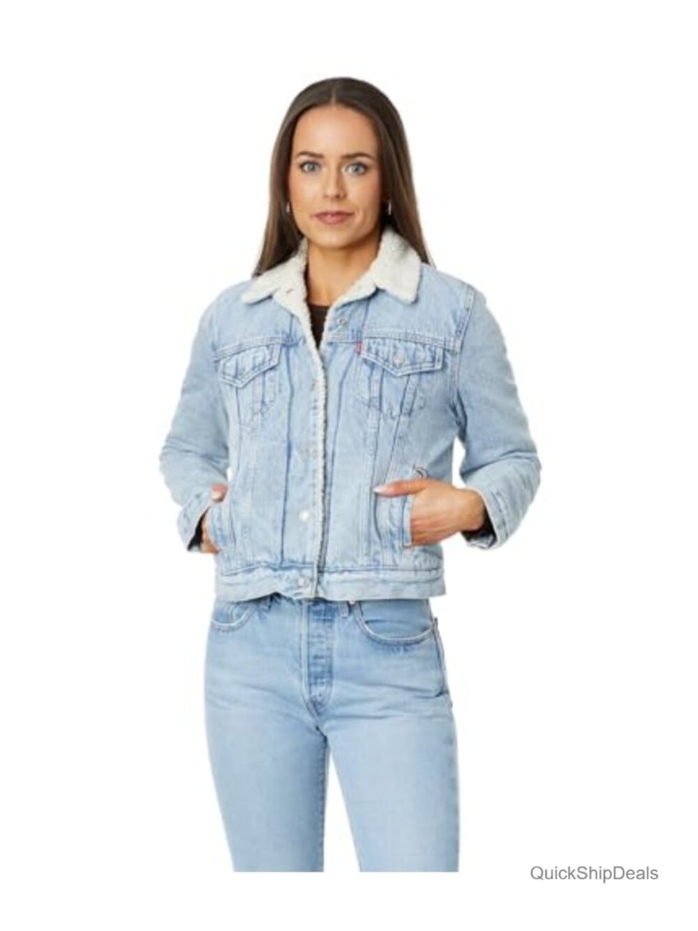 Sherpa Lined Denim Trucker Jacket Quilted Sleeves Button Front